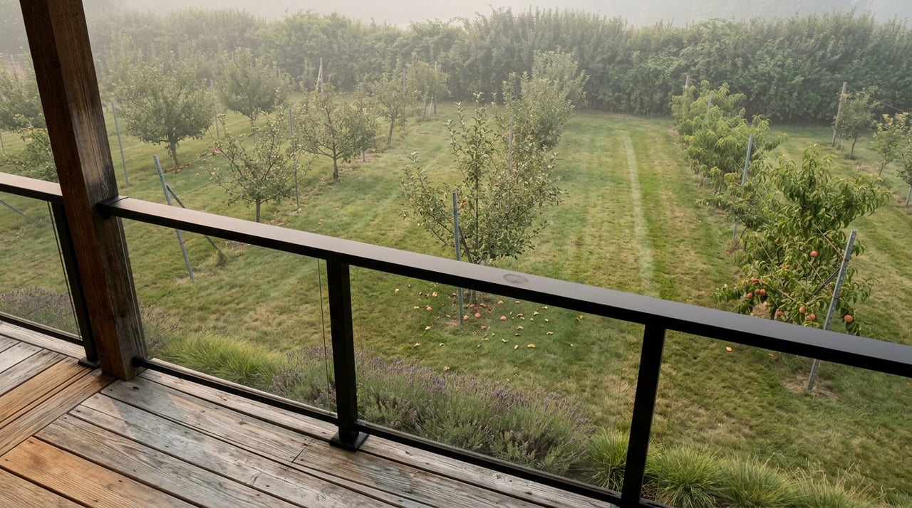 Three rows of apple and peach trees recede across a grassy orchard below a deck, with lavender and a dense hedge.