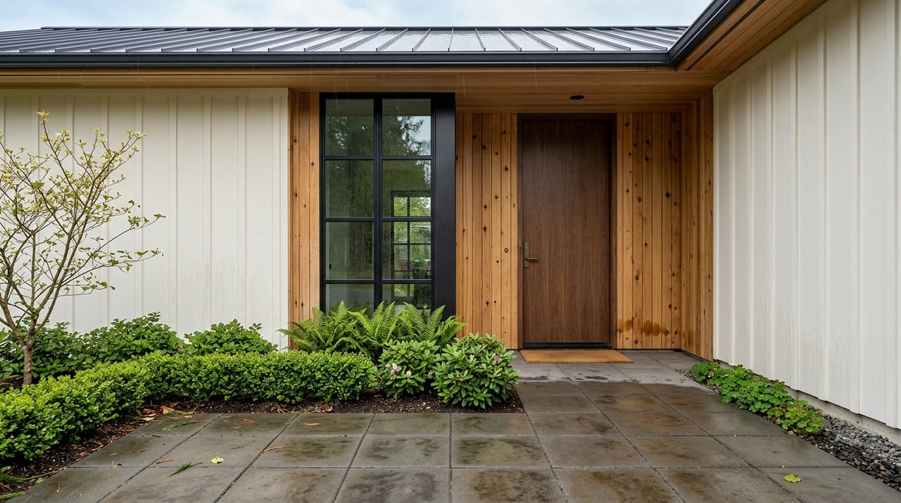 Home side entrance viewed along its seasonal approach.