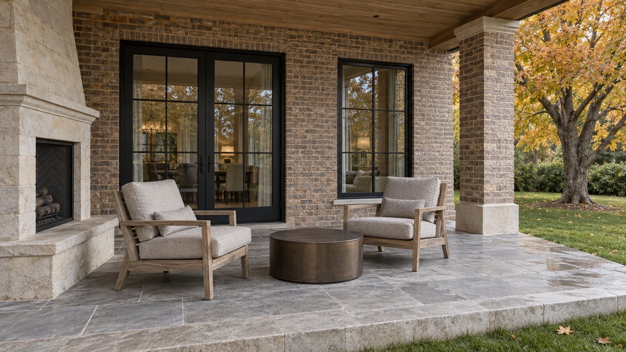 Covered stone patio with a built-in fireplace, cushioned chairs, and autumn trees beyond.