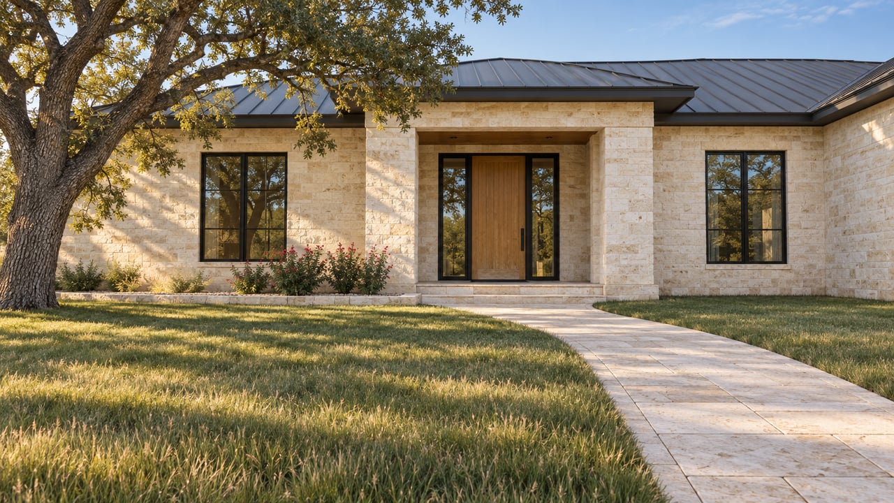 A pale limestone home with dark windows, a recessed wood entry, deep lawn and a mature spreading oak in morning light.