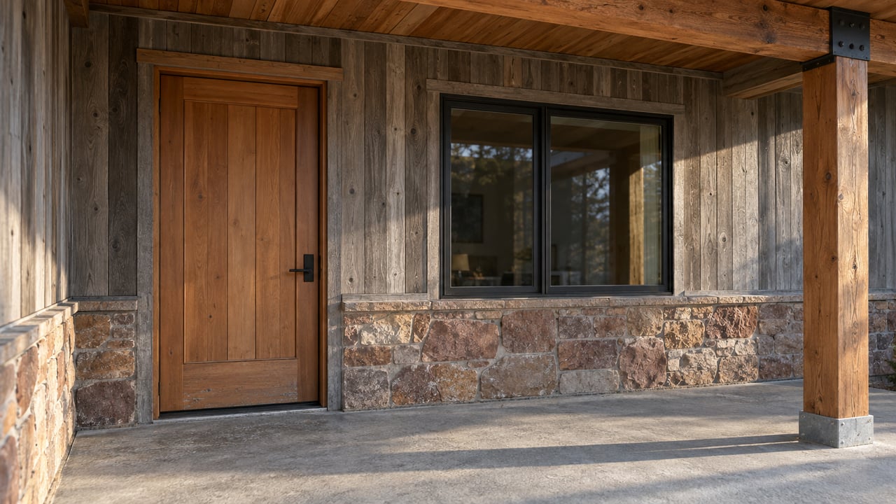 Winter sunlight crosses a concrete porch outside a cedar-clad home, highlighting a fir entry door, sandstone wall base and exposed timber supports.