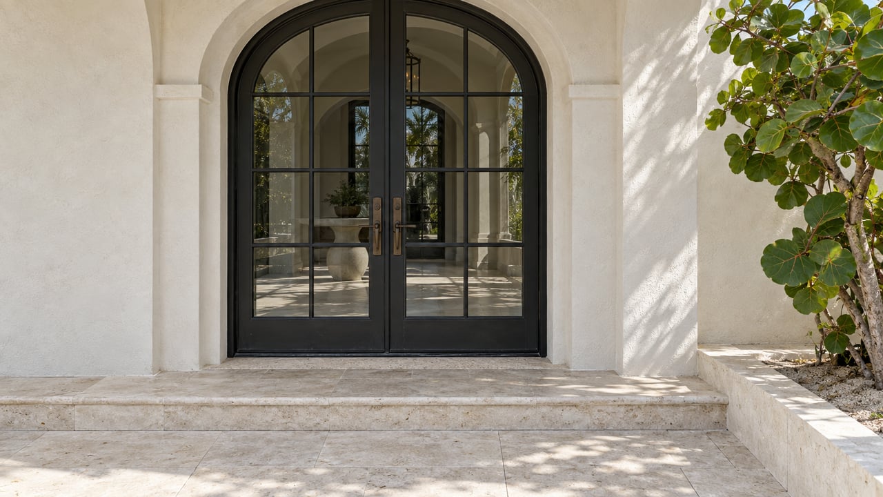 Ivory stucco arch framing closed black French doors above worn limestone steps, beside a sea grape tree.