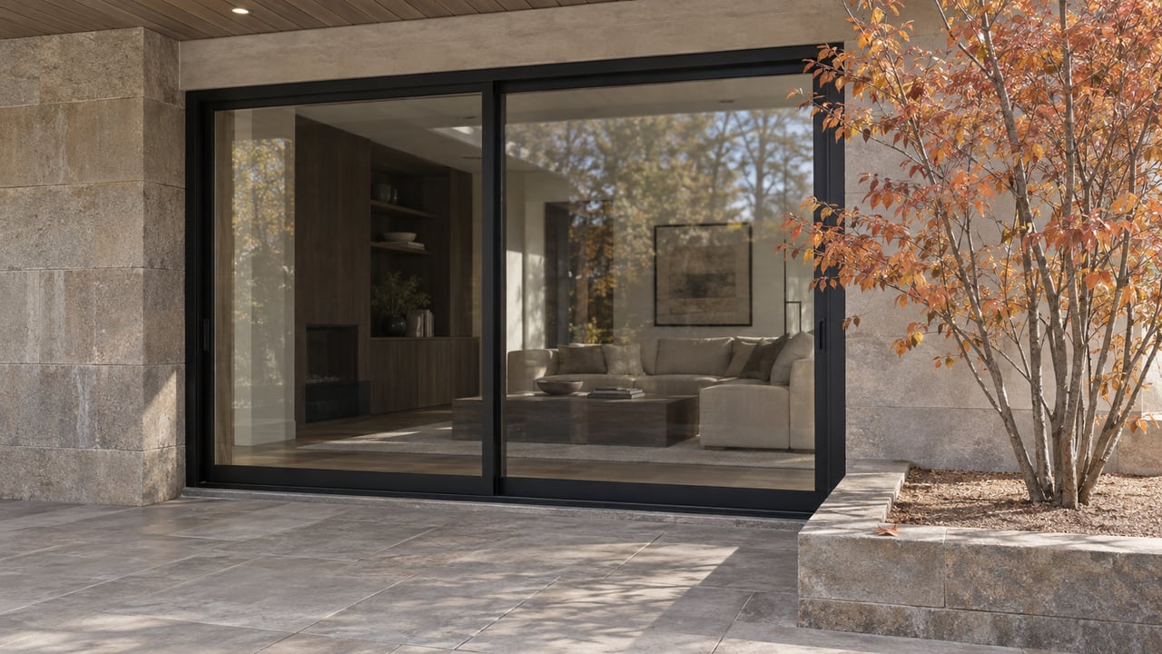Closed black-framed sliding glass door beside a warm-gray stone pier, with an autumn tree at the terrace edge.