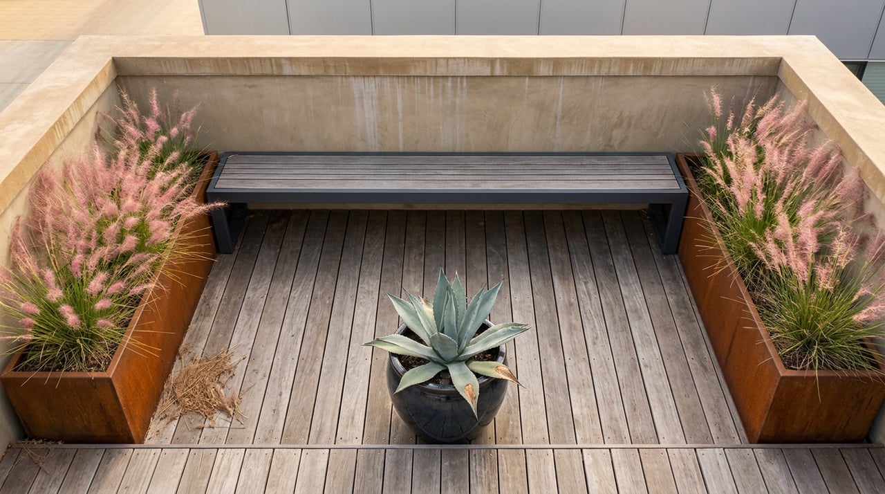 Rooftop terrace with an ipe bench between blooming pink grasses, plus a blue-gray agave in a ceramic pot.