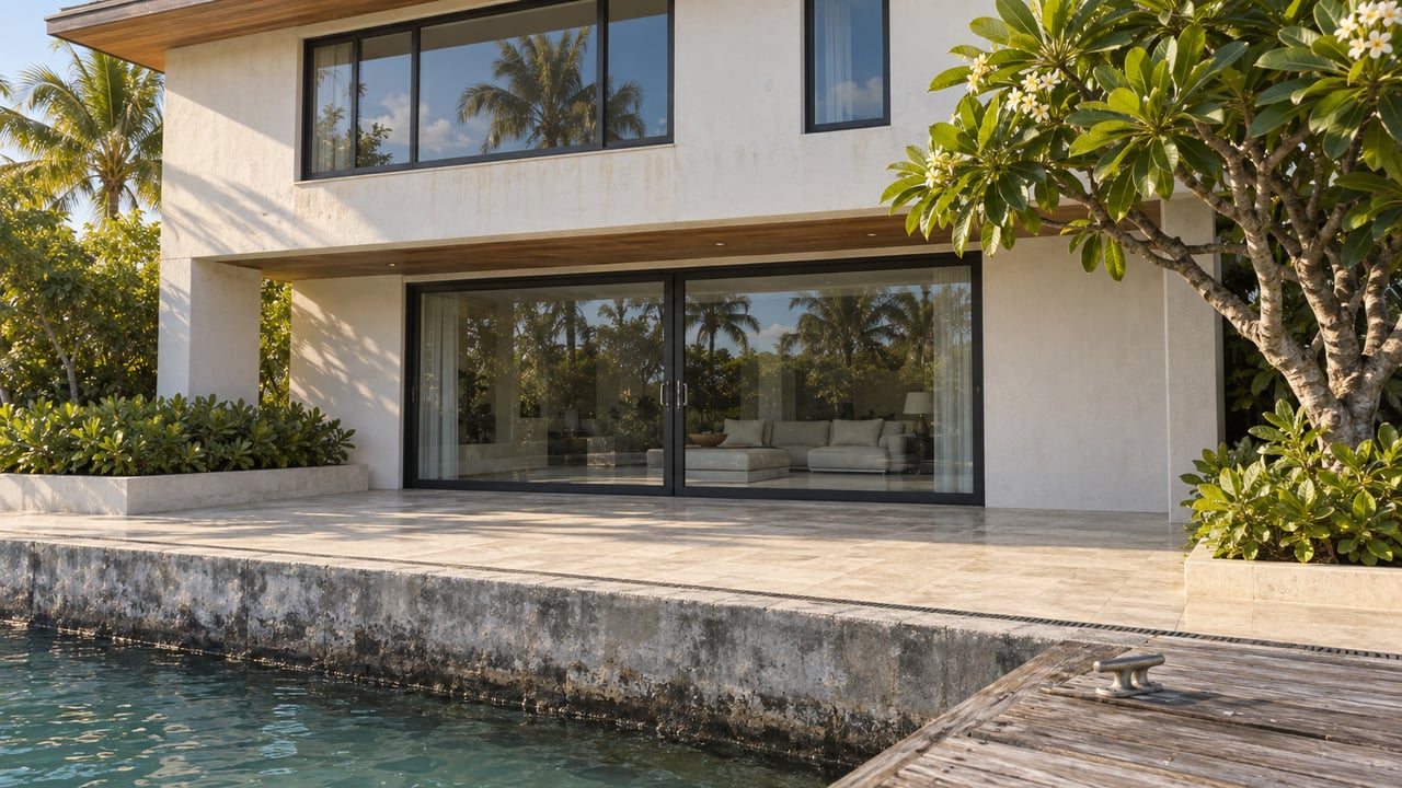 Two-story off-white waterfront home with closed glass sliders, a timber landing, and still blue-green water.
