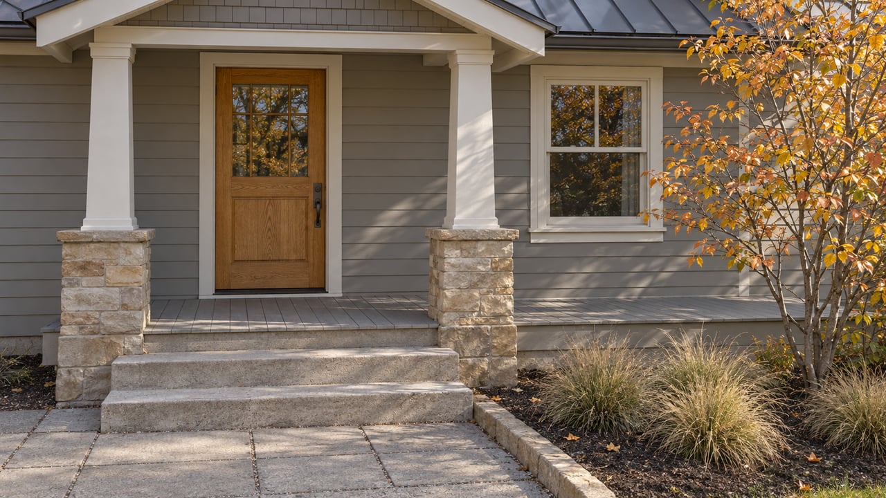 An updated clapboard home's timber porch, oak entry door, sandstone post bases and concrete steps beside an autumn serviceberry.