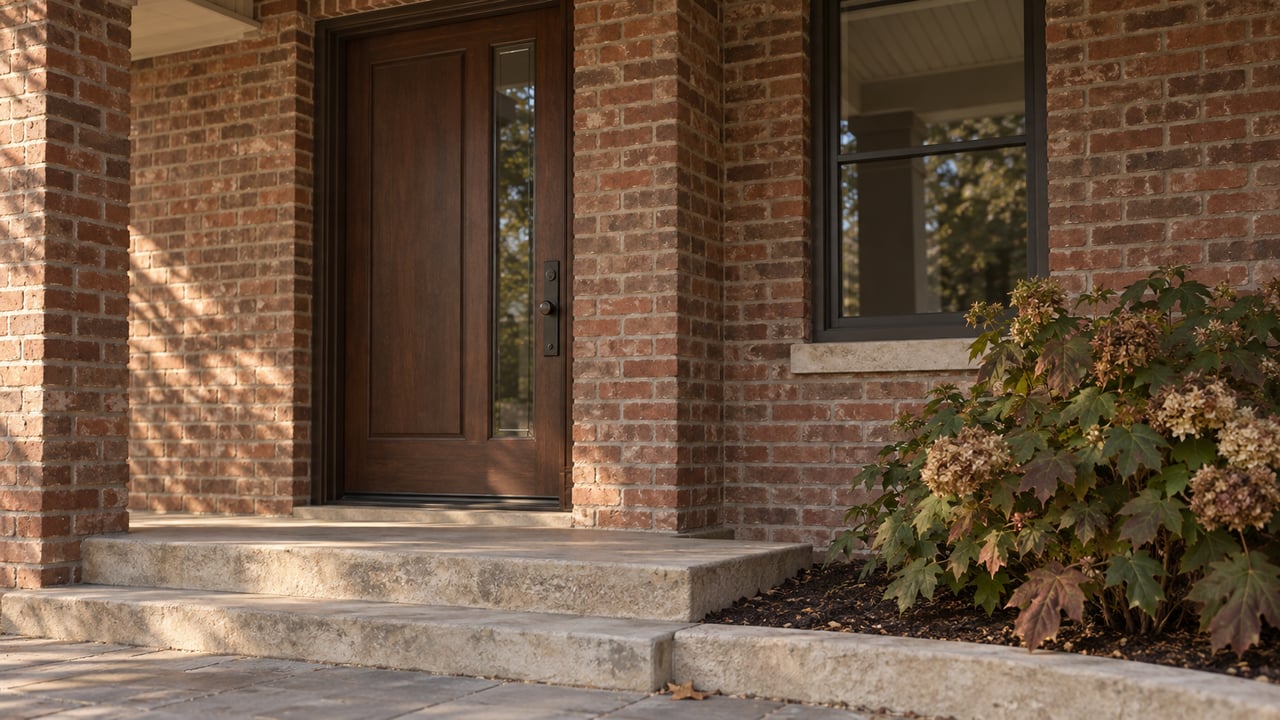 Brick house entry with a dark walnut door, broad limestone steps, and an oakleaf hydrangea.