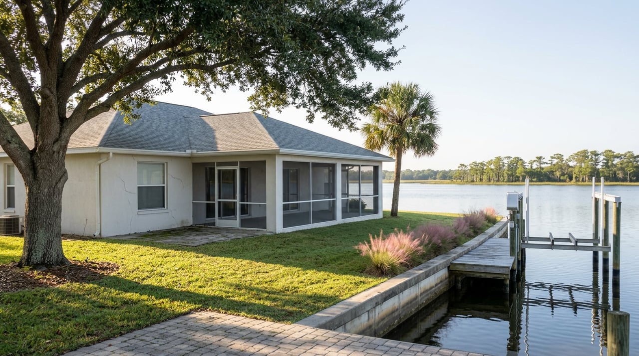 Single-story stucco lakefront home with screened lanai, sloping lawn, seawall, weathered dock and boat lift.