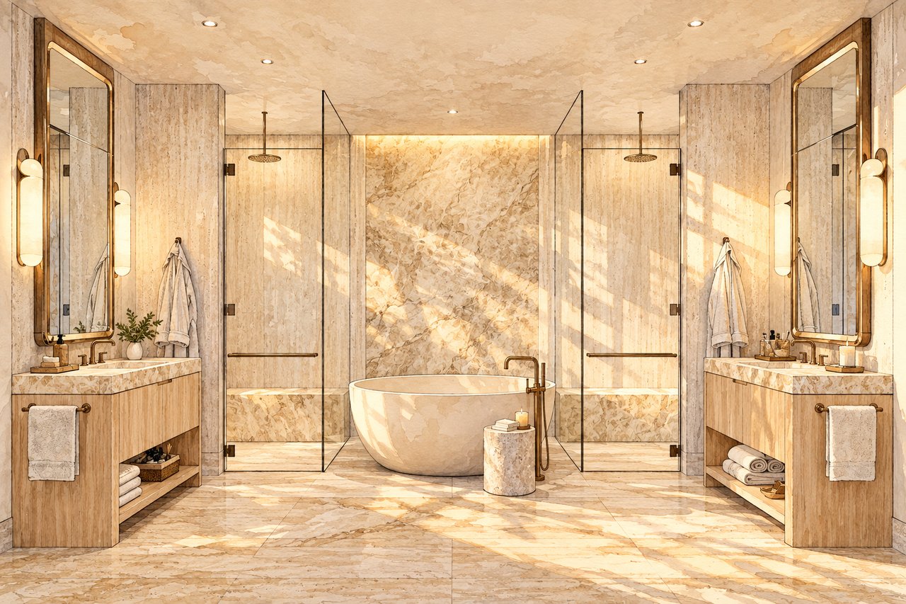 Luxury bathroom with a freestanding tub, twin glass showers, marble finishes, and paired wood vanities.