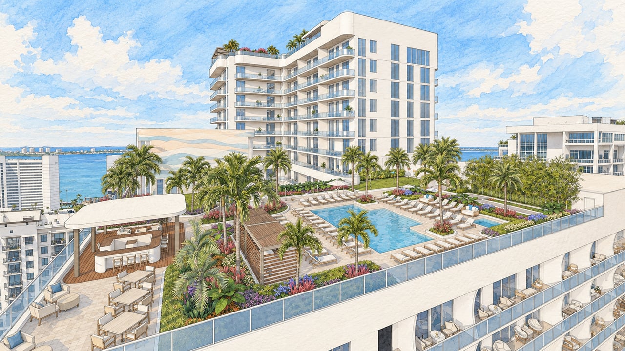Saravela Sarasota condominium tower with a landscaped rooftop pool overlooking the bay.