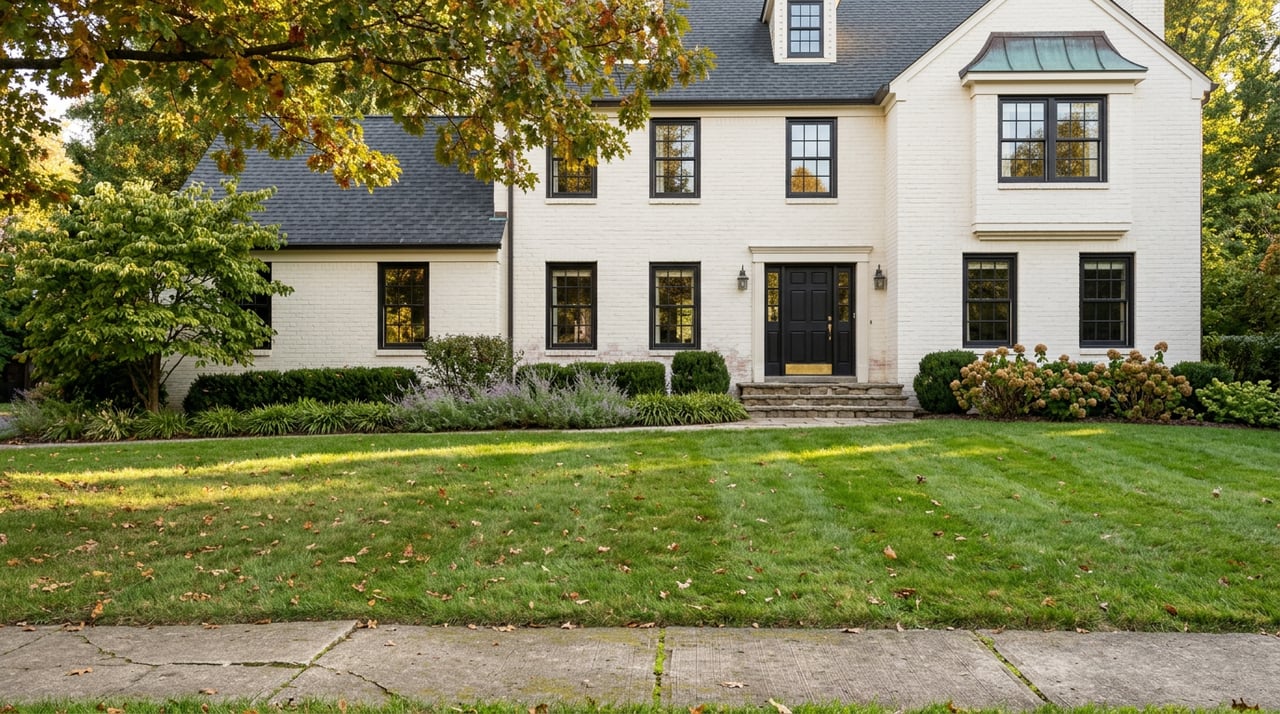 Two-story white brick house with a black front door, fieldstone stoop, and oak leaves scattered across the lawn.