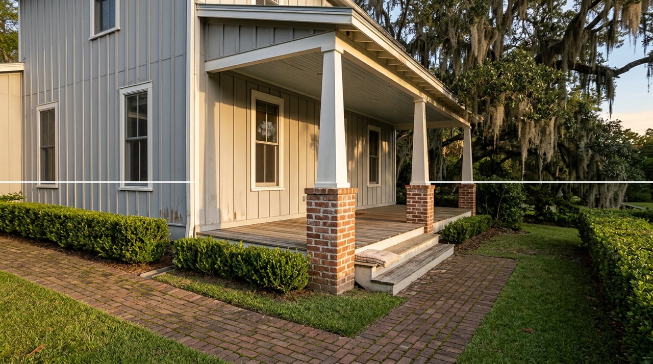 Gray farmhouse porch corner with white columns, brick piers, paver walkway, boxwood hedge, and moss-draped oak overhead.