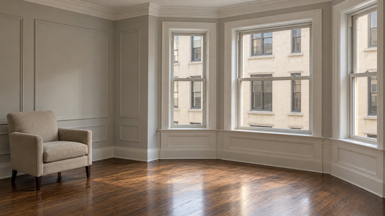 Apartment sitting room with white traditional millwork, glossy dark oak flooring, a linen armchair and tall windows facing a neighboring stucco facade.