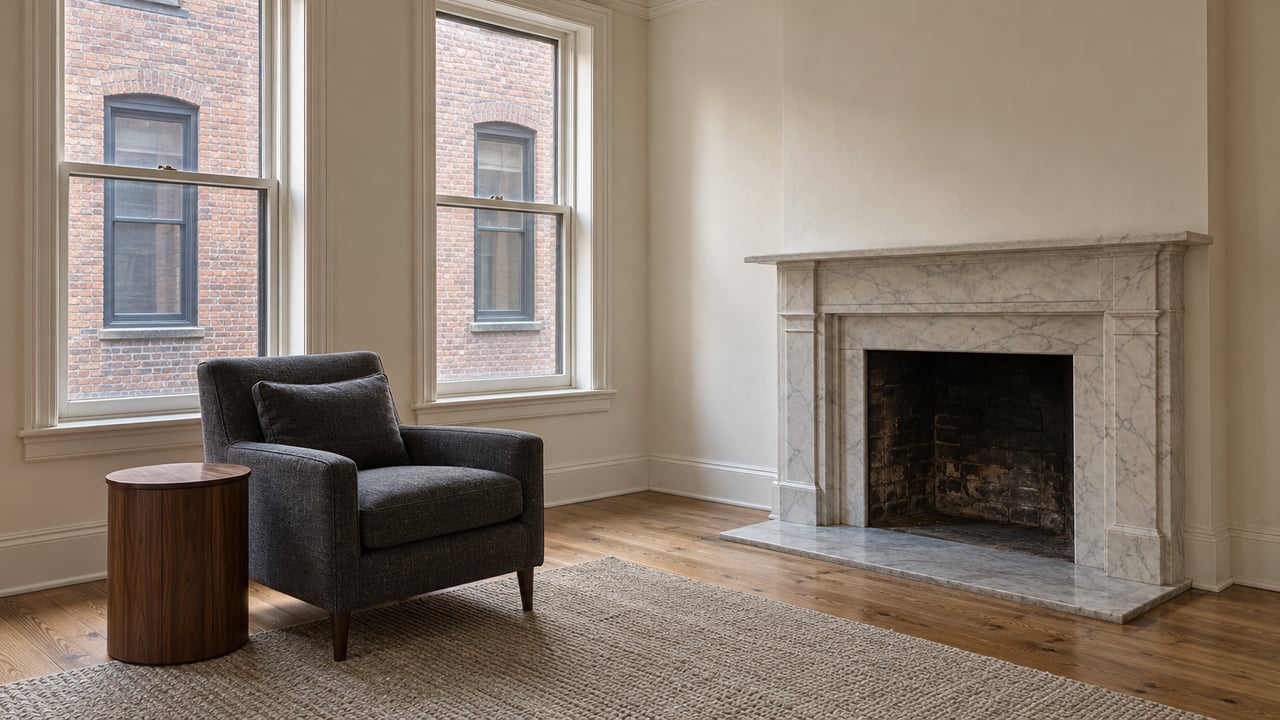 Tall wood-framed windows light an ivory townhouse living room with an oak floor, charcoal armchair and pale marble fireplace.