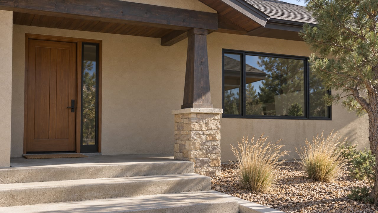 Covered ranch entry with sun-weathered timber, buff stone, sand-colored stucco and dry grasses beside concrete steps.