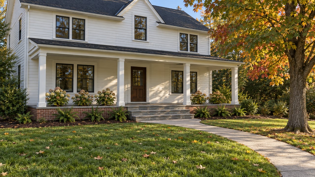 White clapboard house with a stone porch, broad autumn lawn and a mature sugar maple in morning sunlight.