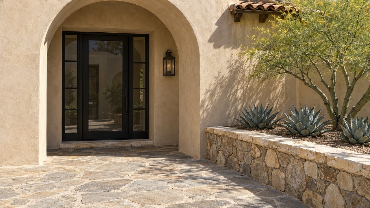 Sunlit stucco entry courtyard with an arched glazed doorway, worn flagstone paving and a raised stone bed of sculptural desert plants.