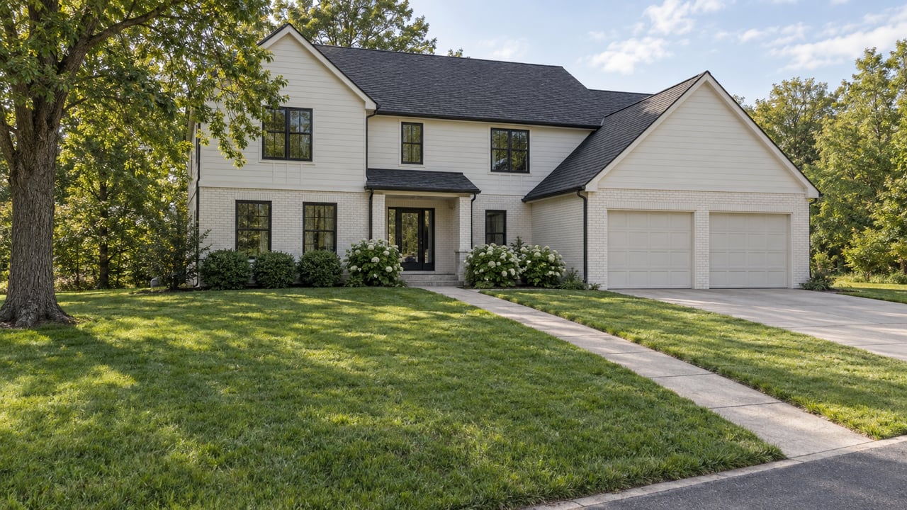 Two-story light-sided home with an attached double garage, front lawn, and diagonal concrete walkway.