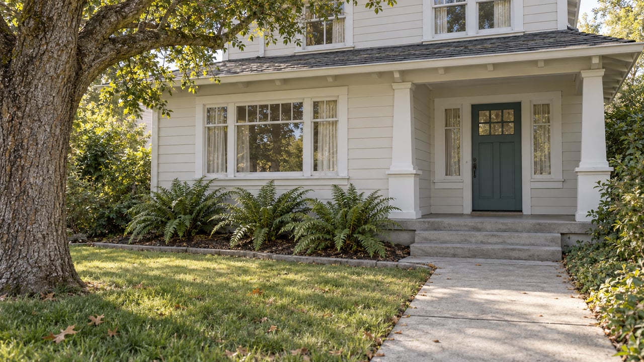 A wood-clad home with a teal entry door and multi-pane windows, approached through a lawn and fern garden beneath a mature oak.