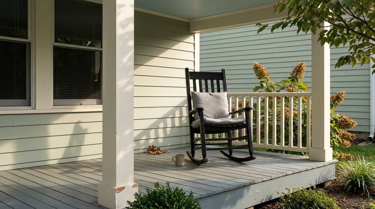 Black rocking chair with a gray cushion beside a stoneware mug on a sage-green cottage porch.