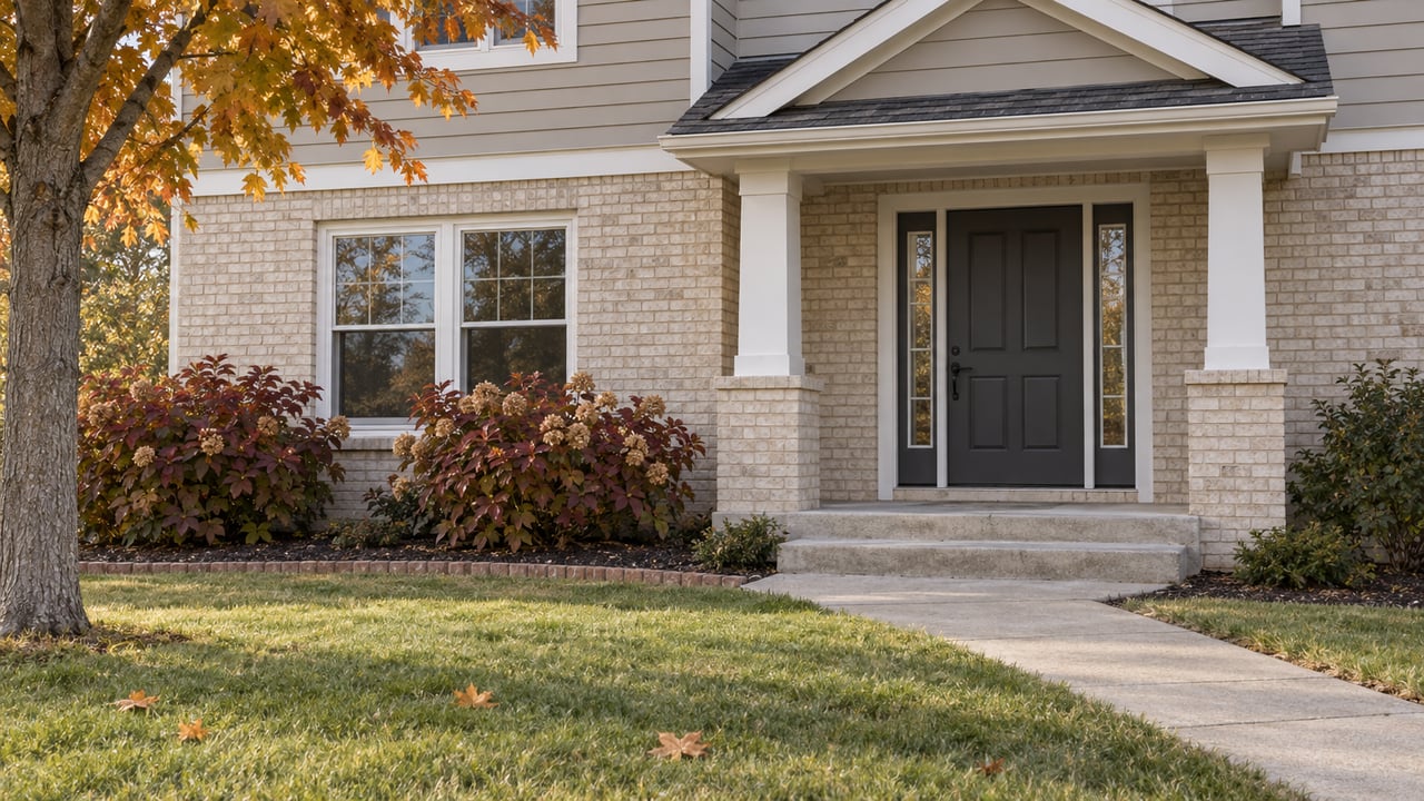 Cream-brick and gray-beige sided home with a covered charcoal-door entry, autumn maple foliage and a lawn crossed by a concrete approach.