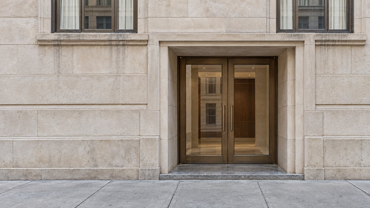 Buff limestone apartment entrance with paired bronze-framed glass doors, tall windows and a worn granite threshold beside a concrete sidewalk.