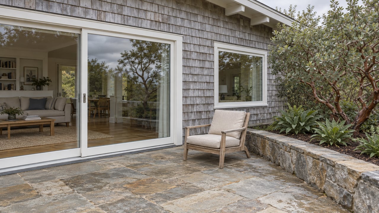 Weathered cedar-shingle home with white-framed glass doors, a sandstone terrace, teak lounge chair, and a raised bed of manzanita and hummingbird sage.