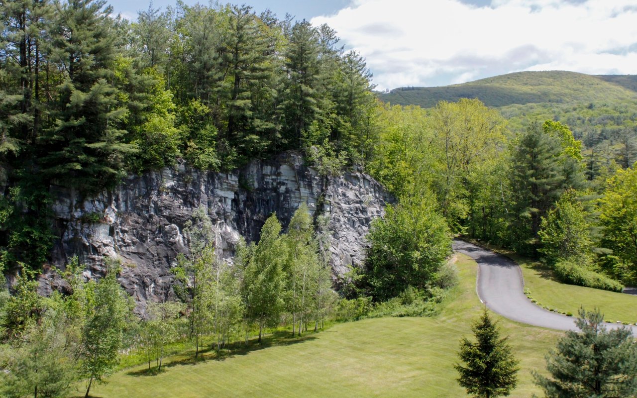 Wooded mountain landscape with a rocky cliff, curved drive, and manicured lawn.