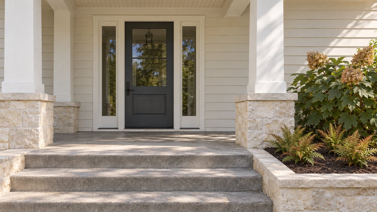 An off-white covered porch with a charcoal front door, matching glazed sidelights, limestone column bases, concrete steps, and oakleaf hydrangea beside the entrance.