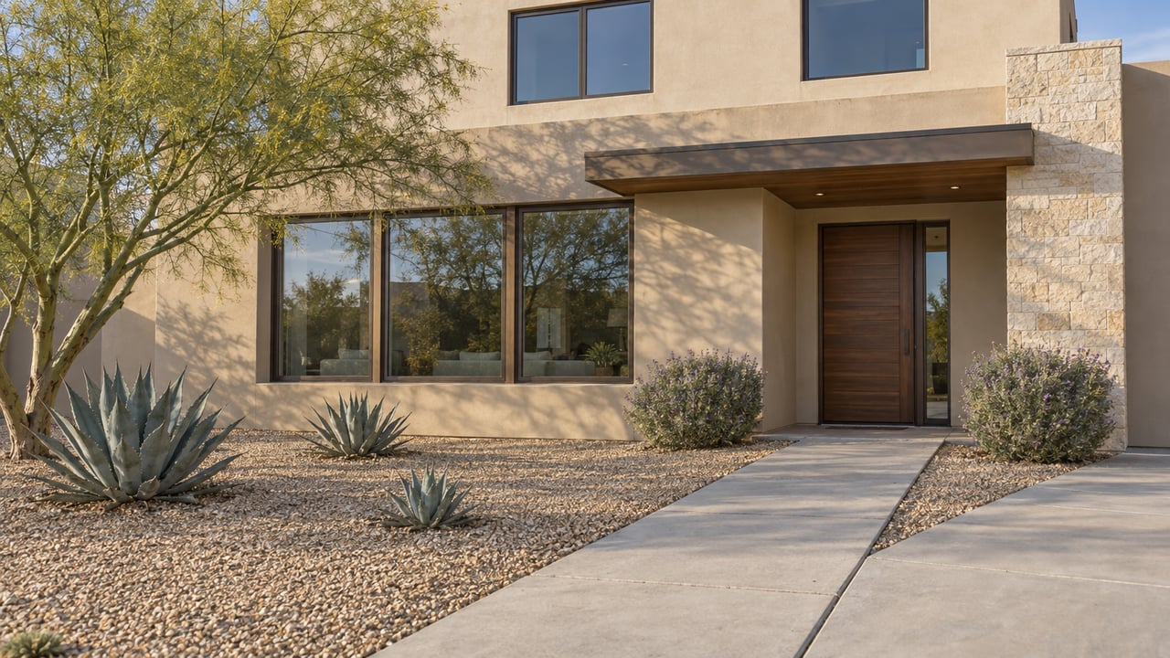 Sand-colored contemporary home with limestone entry, bronze-framed windows and a spacious gravel garden with a sculptural tree and agaves.