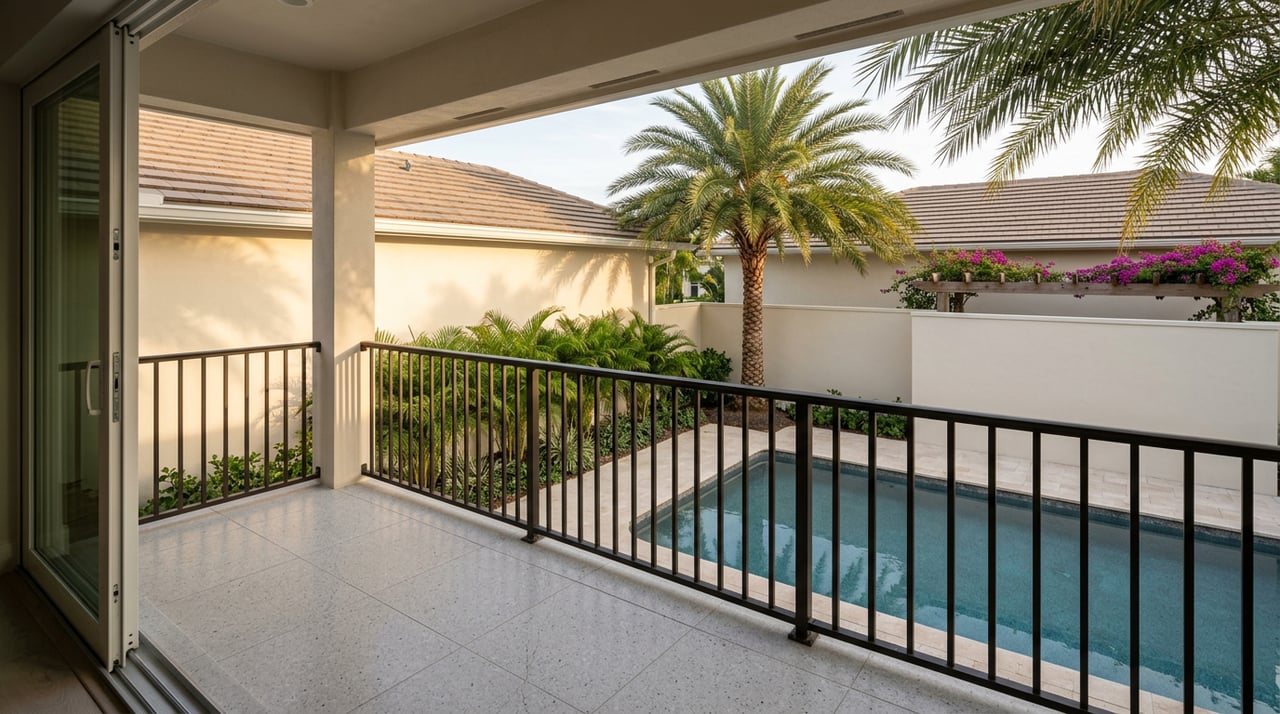 View from a tiled balcony over a courtyard pool, with a palm tree and magenta bougainvillea.
