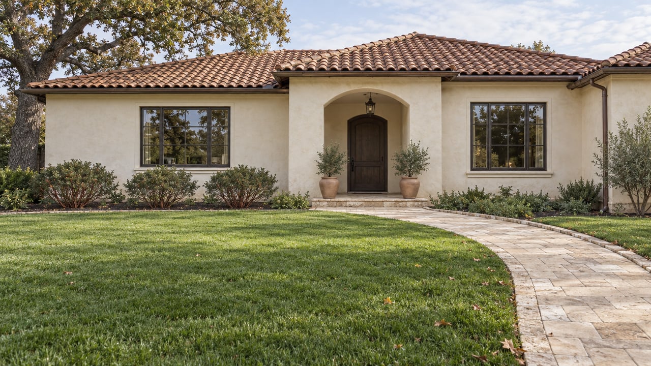 Single-story ivory stucco home with terracotta roof, arched entry, limestone approach and a broad lawn beneath a mature oak.