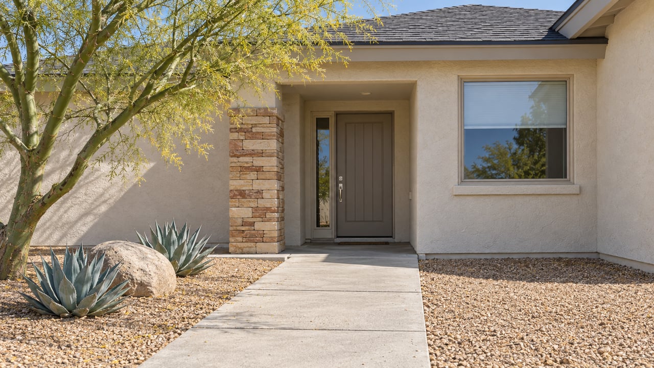 Sunlit cream stucco home with a recessed entrance, sandstone accent, pale concrete approach and gravel planting with a green-trunk tree and two agaves.