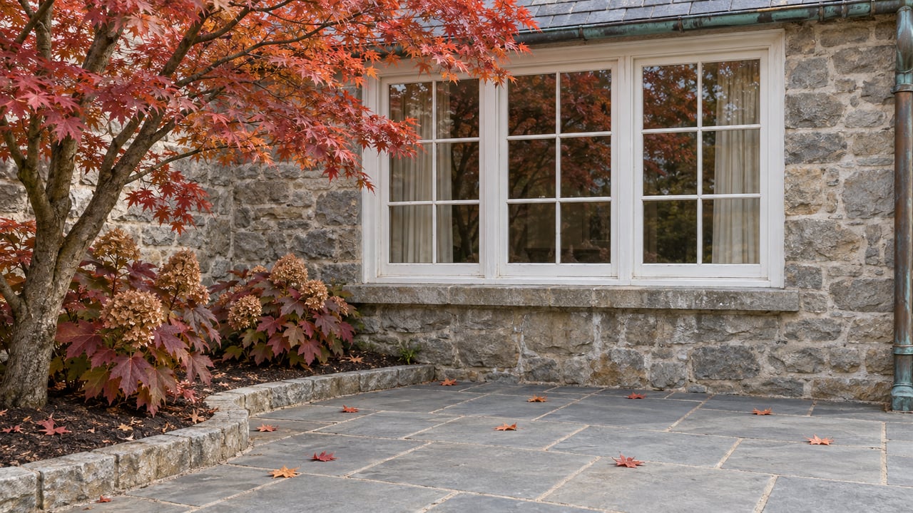 Autumn maple beside a fieldstone home's white divided-pane window, with bluestone paving and oakleaf hydrangeas.
