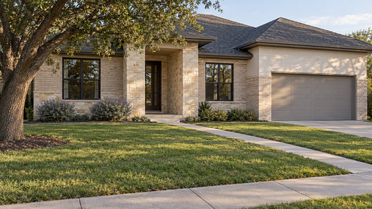 Suburban home with a deep lawn, limestone entry, brick facade, attached garage, and broad oak at the edge.