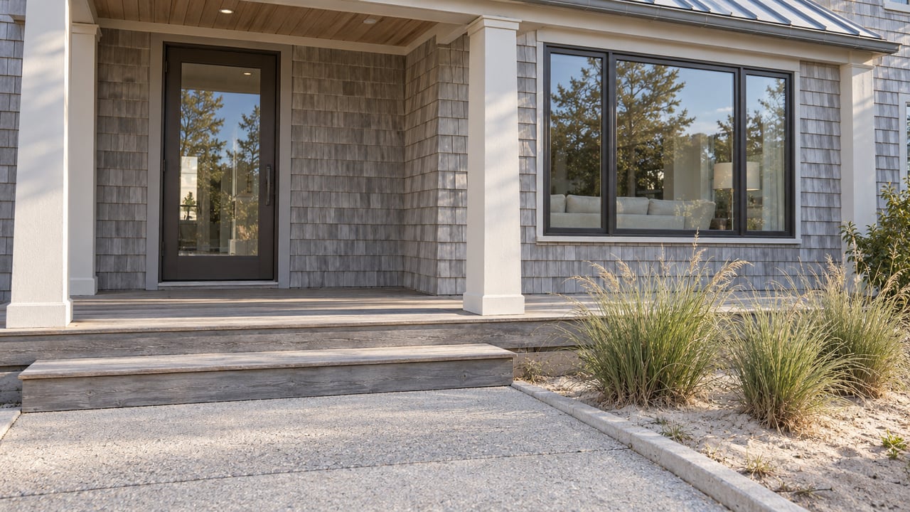 Weathered cedar-shingle home with an ivory porch, bronze-framed glass entry, broad wooden steps, and beach grass beside a shell-aggregate walkway.
