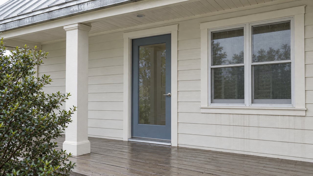 Covered entrance of a raised coastal home with cream lap siding, a slate-blue glazed door and weathered painted porch boards.