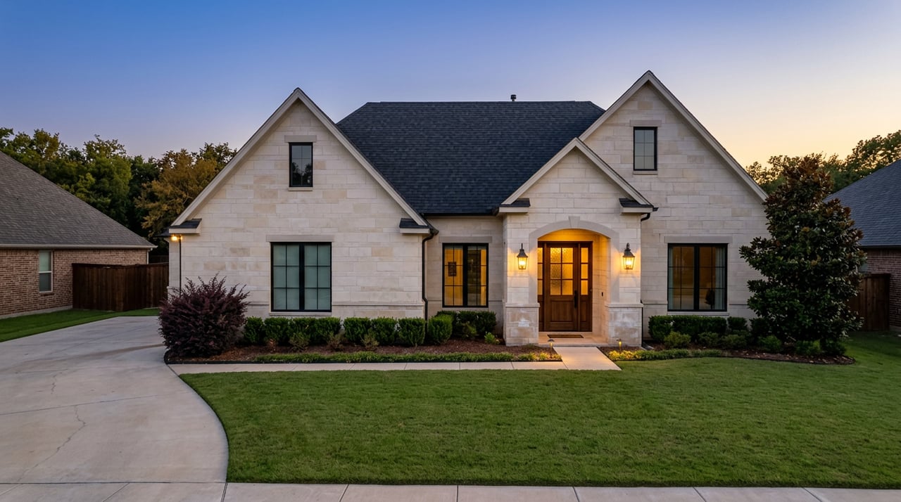 Stone-and-shingle home at blue hour, with glowing entry lanterns, a broad lawn, and a sweeping driveway.