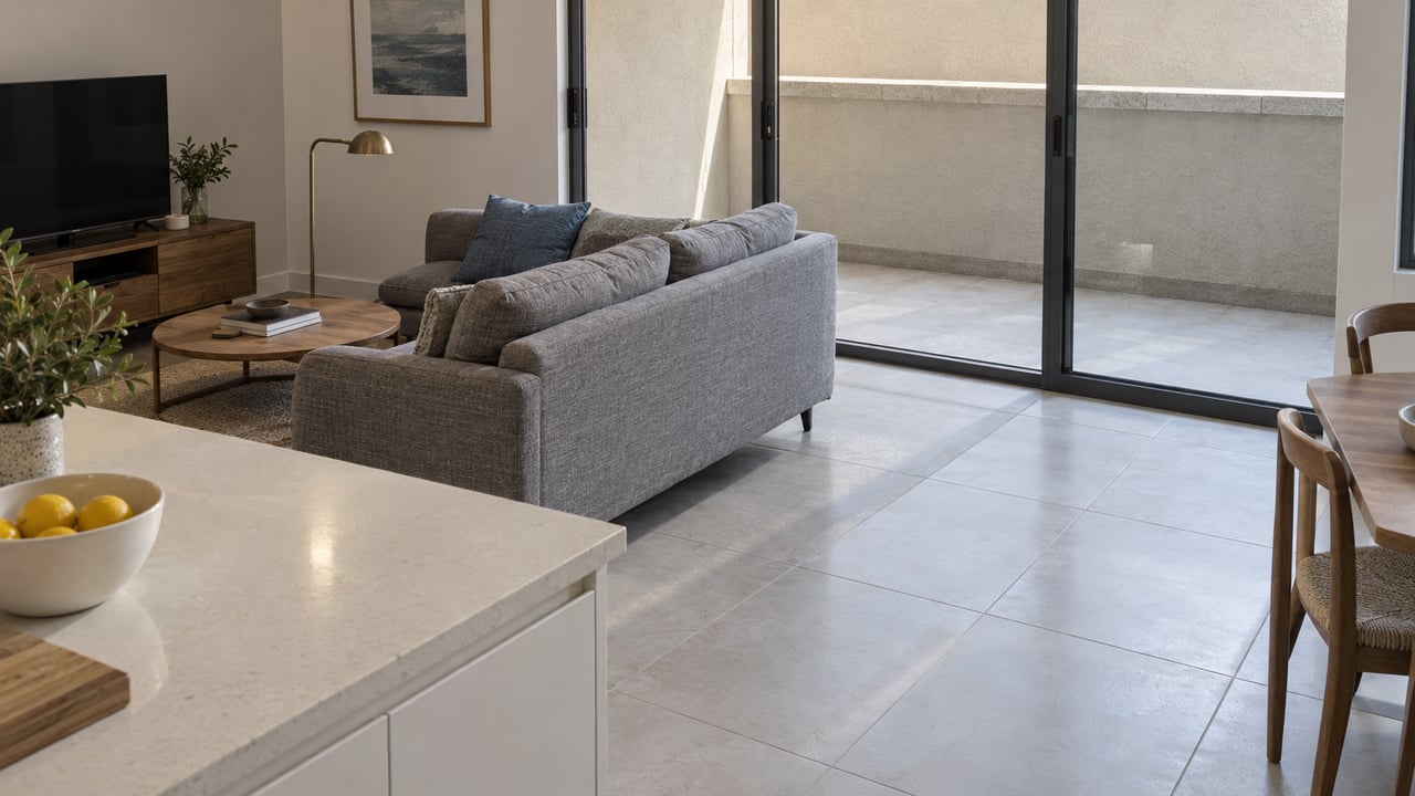 A compact condo living room with a gray sofa, pale porcelain tile, white kitchen cabinets and closed sliding doors to a covered balcony.