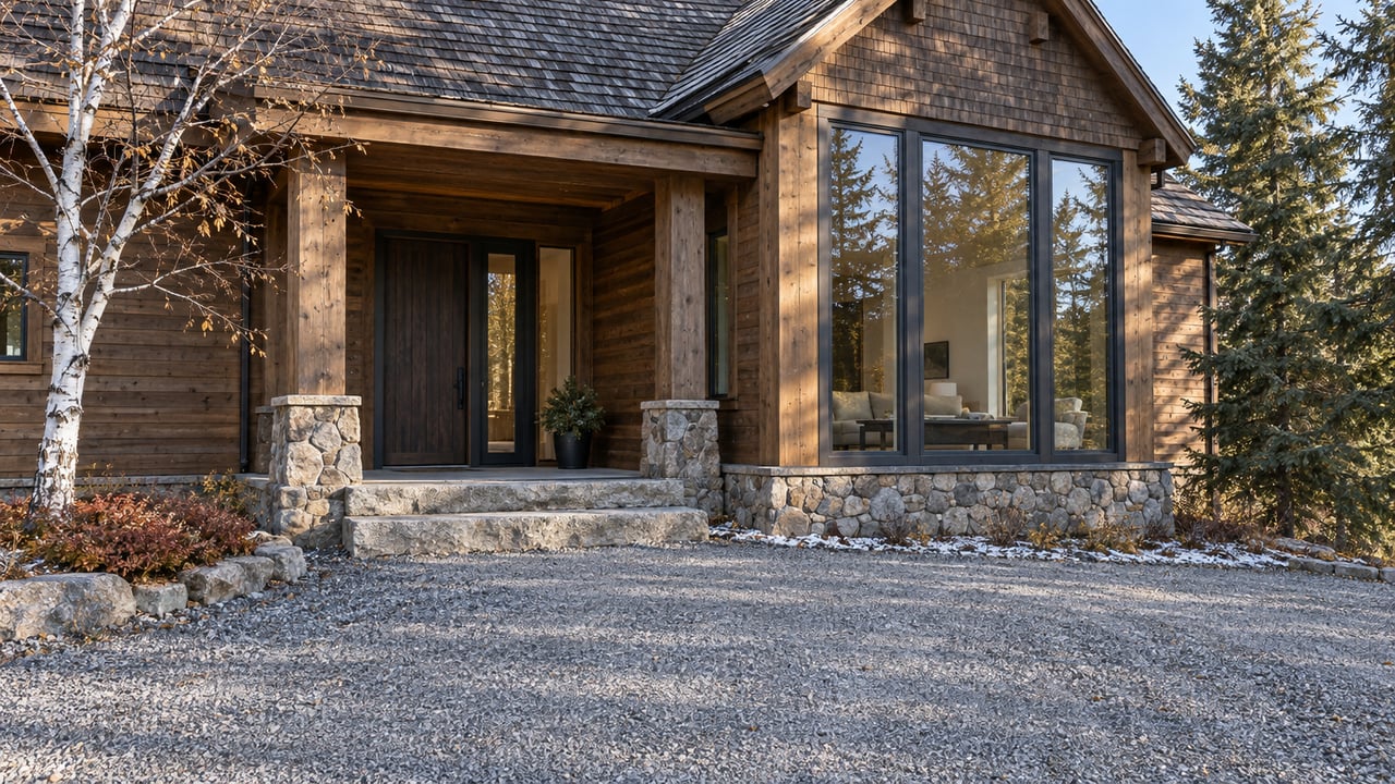 Timber home with a steep cedar-shingle roof, stone entry steps and tall charcoal-framed windows beside mature spruce and birch trees.