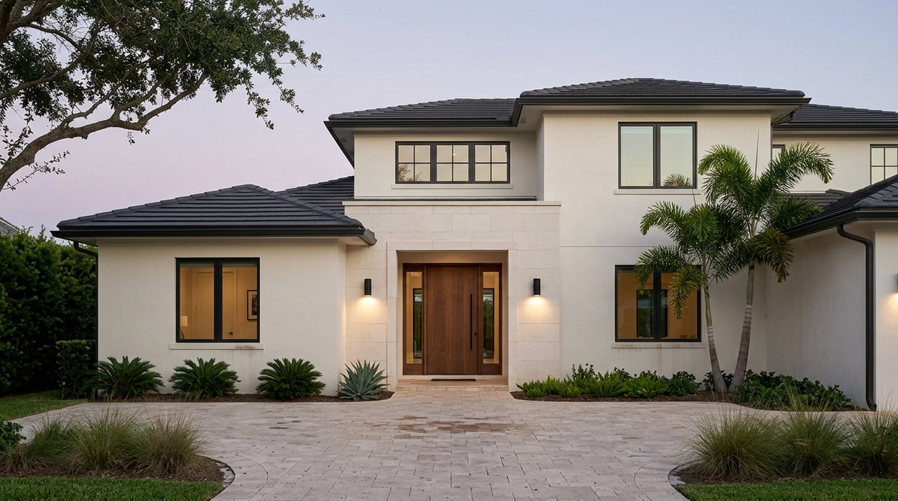 Luxury stucco-and-limestone home entrance, motor court, and specimen landscaping beneath a pastel blue-hour sky.