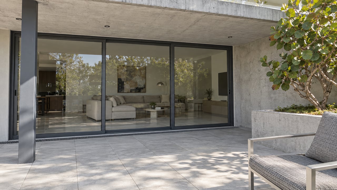 Covered residential terrace with pale concrete, charcoal-framed glass doors, a woven aluminum chair and one sea grape specimen in a raised planter.