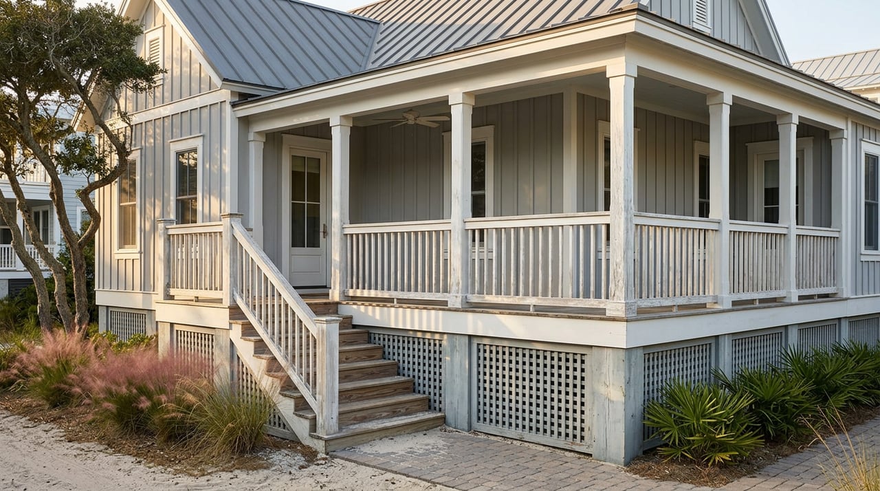 Raised coastal cottage with a wraparound porch, white lattice skirting, wooden stairs, and sandy ground.