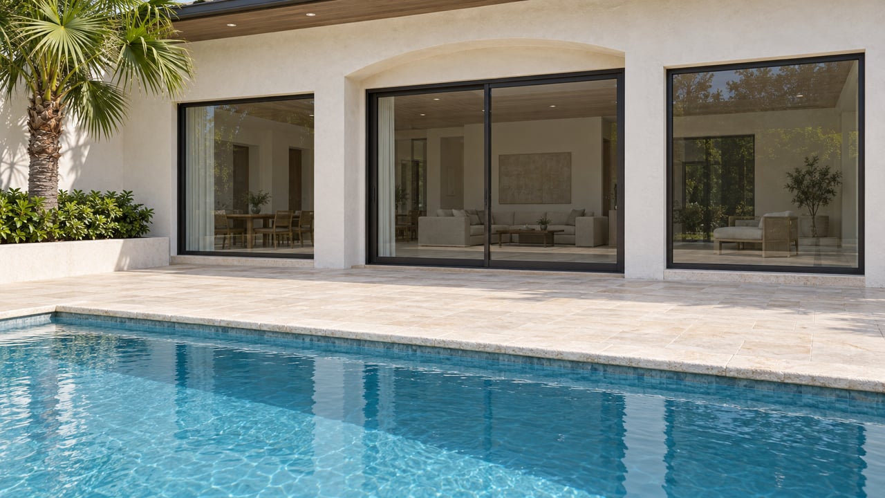 Blue courtyard pool beside an ivory limestone deck and a stucco facade with three glazed bays.
