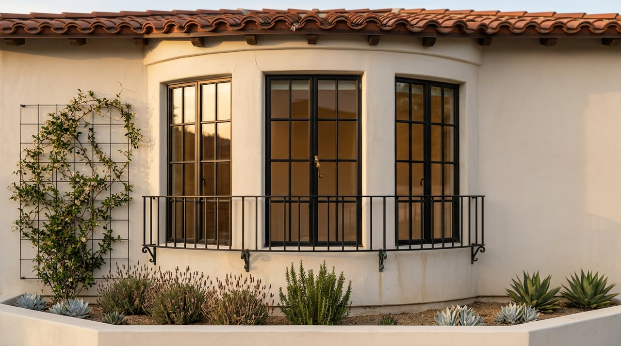 Curved stucco bay with three black-framed windows, an iron Juliet rail, climbing jasmine, and a terracotta tile eave.