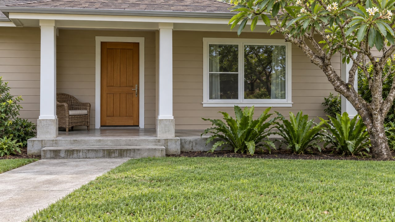 Tan-sided home with a shaded covered entry, white porch posts, a concrete approach and a flowering plumeria beside a small lawn.