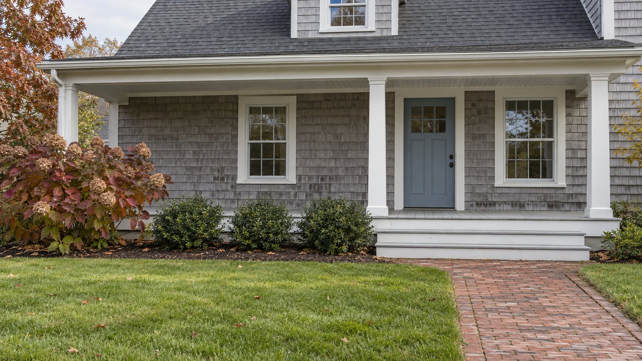 Weathered cedar-shingle cottage with a covered white-trimmed porch, brick front path and autumn-colored oakleaf hydrangea beside a green lawn.