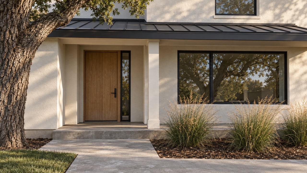 An oak-shaded suburban entry with warm stucco, a wood front door, black window frames and a concrete garden approach.