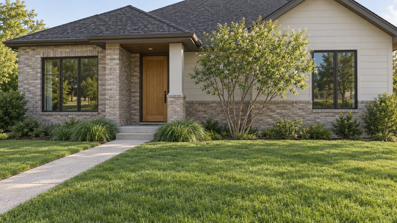 Suburban house with buff brick, pale siding, recessed oak entry, and a concrete walk crossing the lawn.