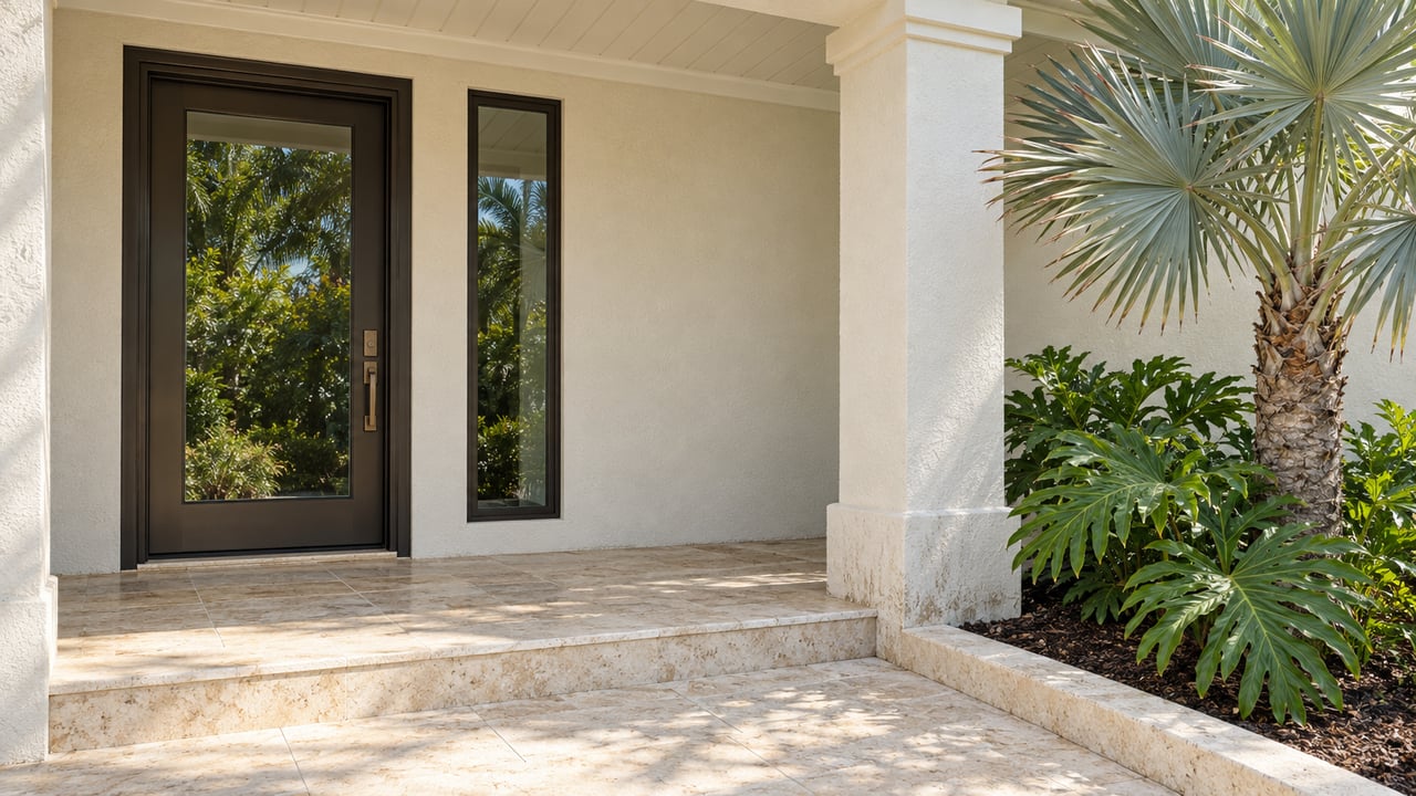 Cream stucco entry with a bronze-framed glass door, pale limestone paving and a silver-backed fan palm beside a square porch column.